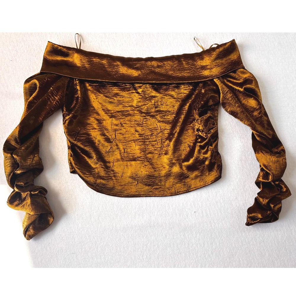 Zara Bronze Metallic Off The Shoulder Ruched Sleeve Crop Top satin Medium NWOT
